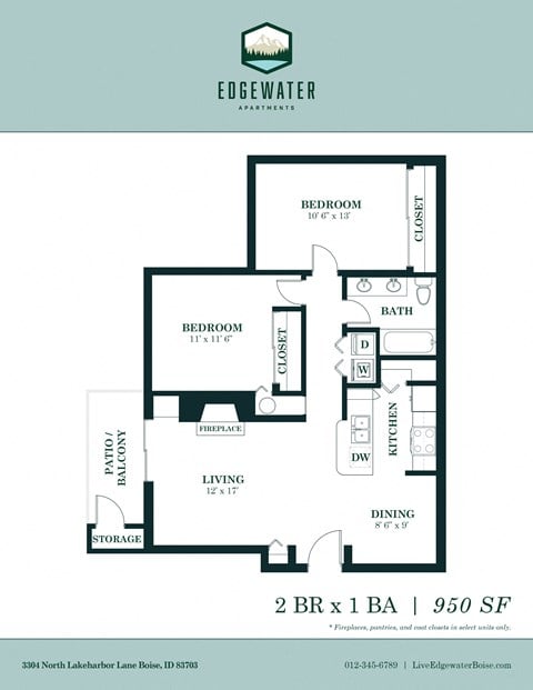 Floor plan for 2 beds, 1 bath, 950 sqft